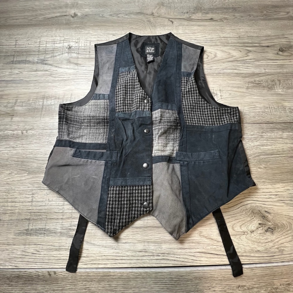 Jacque & Koko Vest Women 14/16 Grey Black Leather Wool Patchwork Houndstooth Vtg